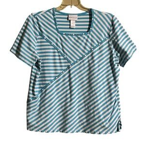 Alfred Dunner Teal and White Striped Short Sleeve Top XL